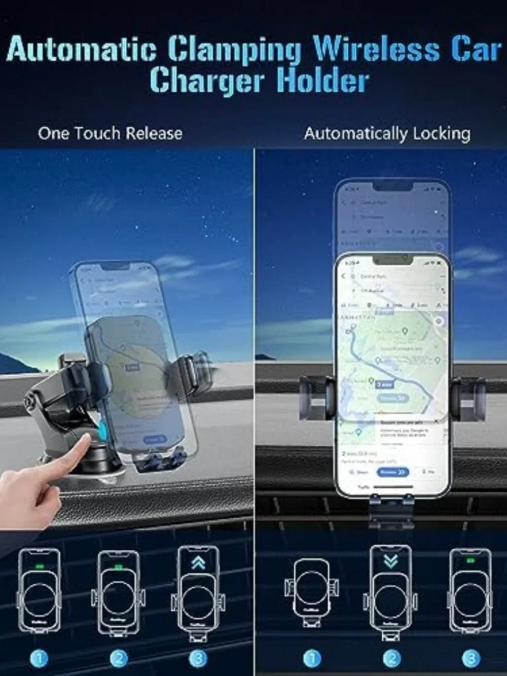 3-in-1 Wireless Car Charger & Auto-Clamping Phone Holder for iPhone & Samsung